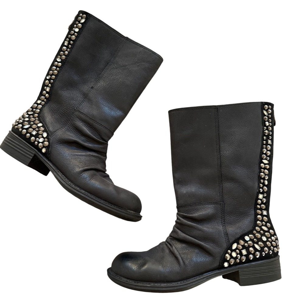 REBA Rushed Black Leather Studded Embellished Zip Back Moto Biker Boots Size‎ 7